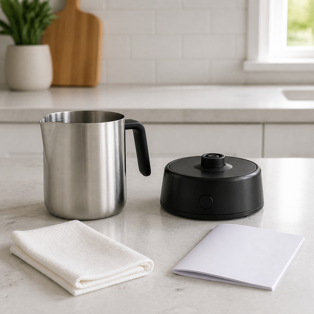 A detachable electric milk frother beside an instruction booklet and a dry cloth.