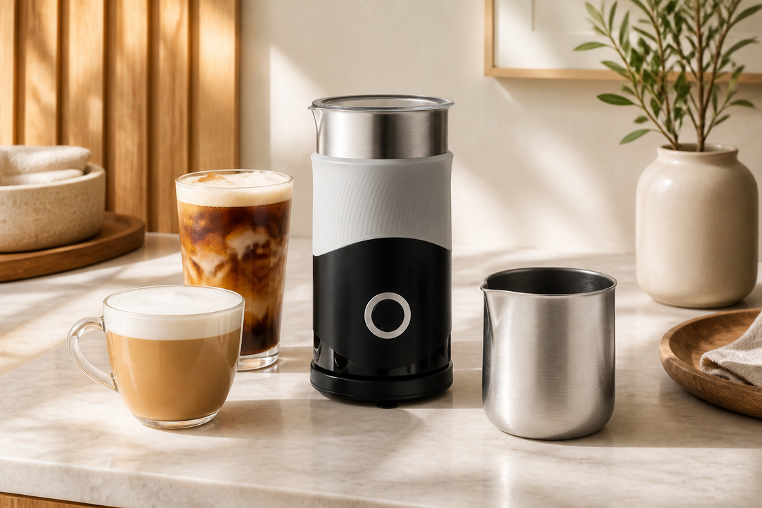 Electric milk frother beside a hot latte, an iced coffee with cold foam, and a removable stainless jug on a neutral countertop.