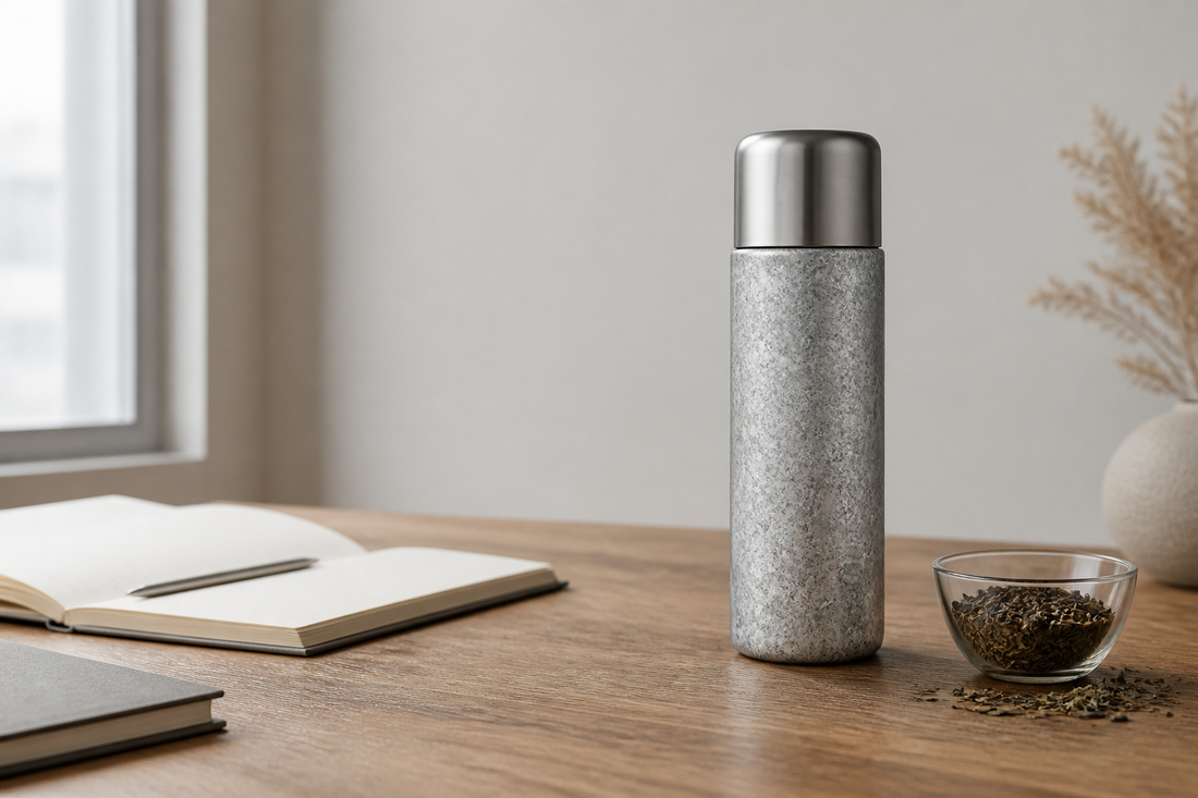 Titanium tea infuser travel cup beside loose-leaf tea and a travel notebook