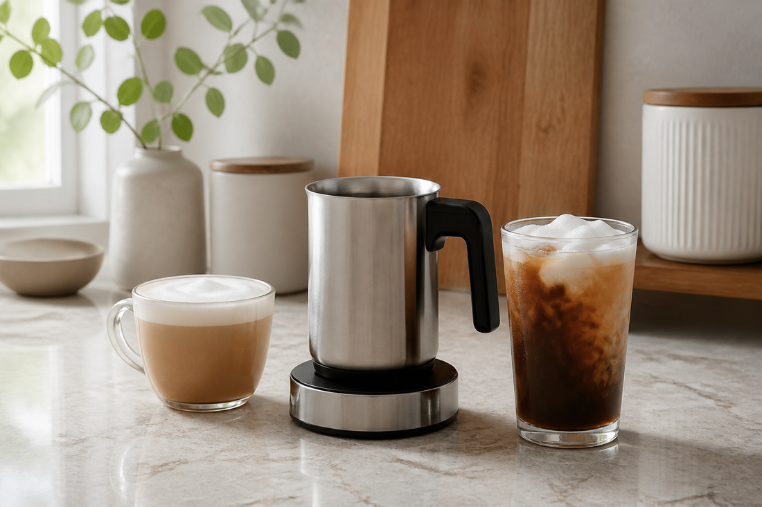 Detachable electric milk frother beside a latte and an iced coffee