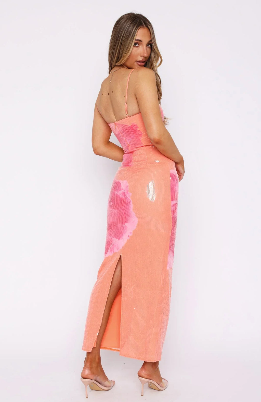 Telling Me Lies Sequin Maxi Dress – Tangerine Blossom