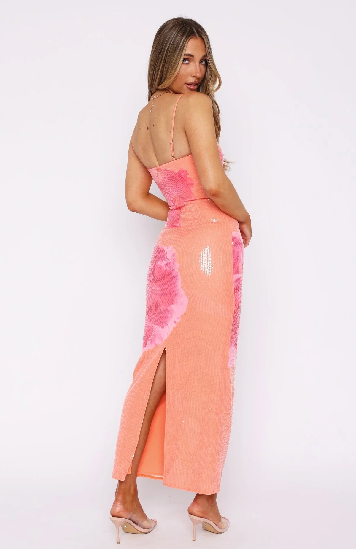 Telling Me Lies Sequin Maxi Dress – Tangerine Blossom
