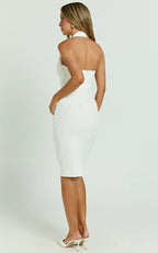 Vanessa Midi Dress - Halter Neck Below Knee Column Dress in White