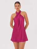 Satin Cross Halter Dress in Magenta