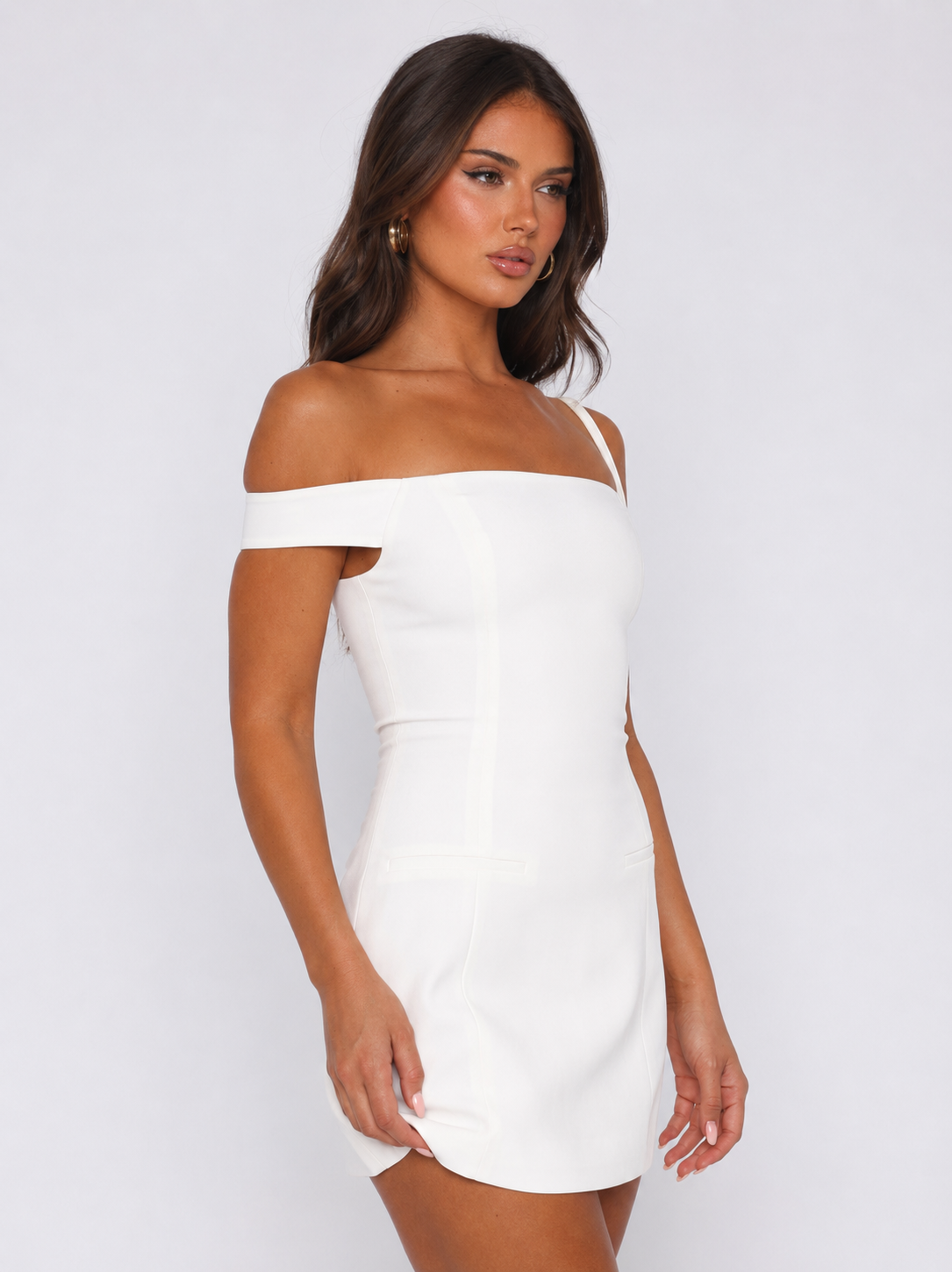 Private Planes Off Shoulder Mini Dress White