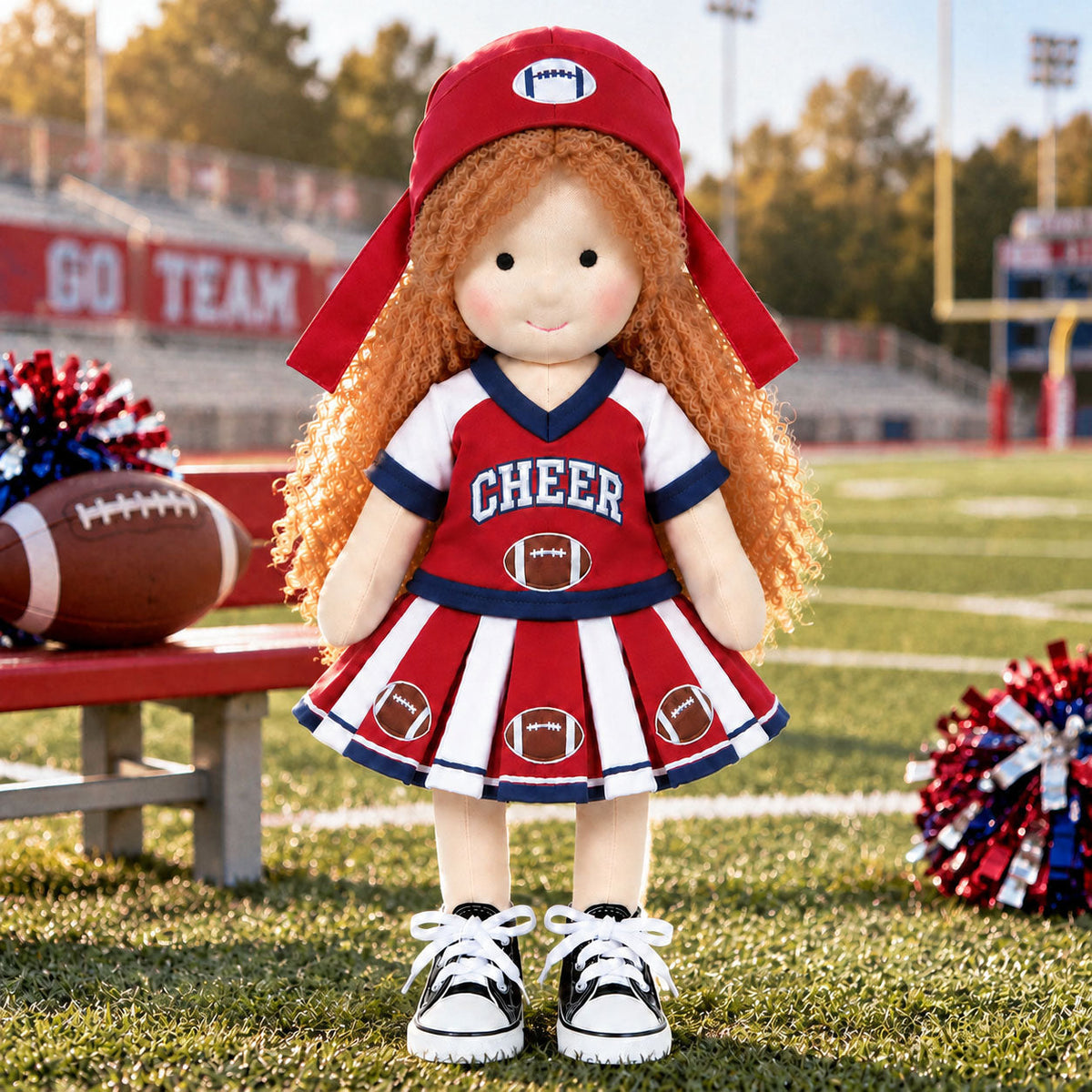 AVINO Handmade Waldorf Doll - Football Cheerleader with Curly Yarn Hair