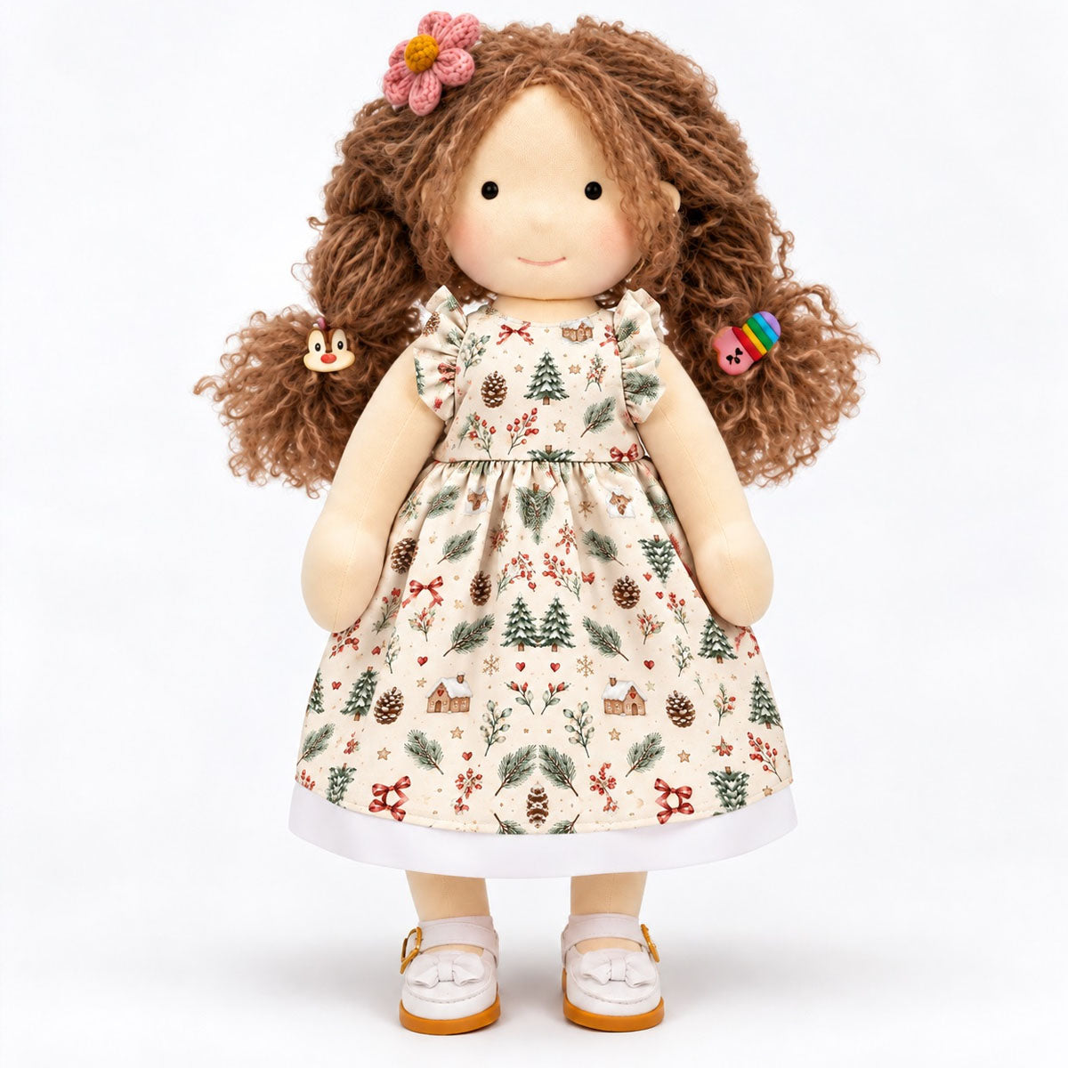 AVINO Handmade Waldorf Doll - Christmas Print Dress with Flower Clip