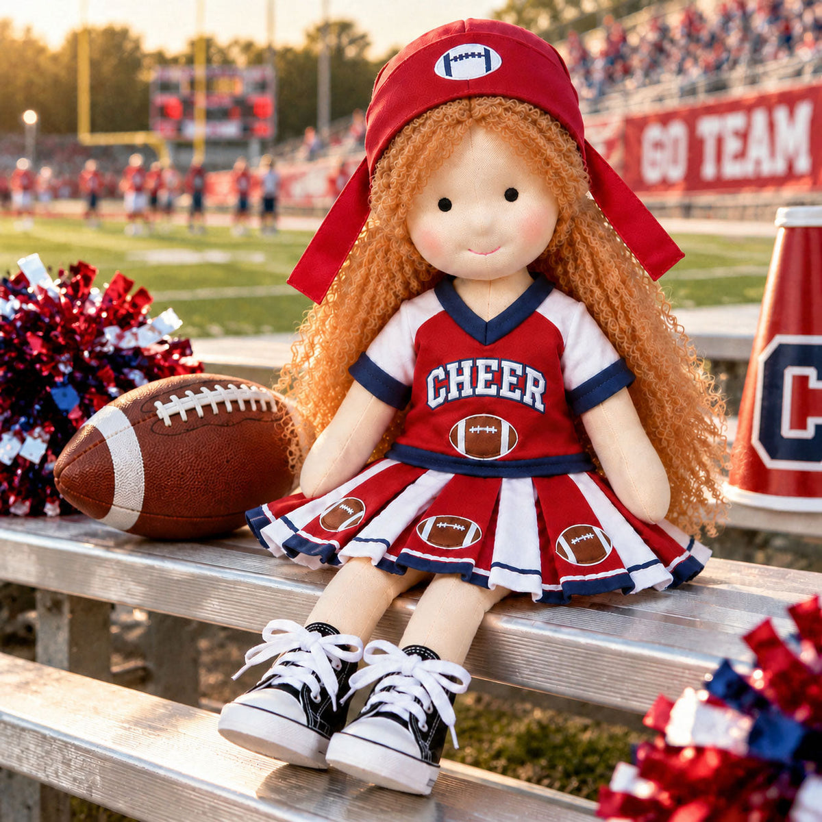 AVINO Handmade Waldorf Doll - Football Cheerleader with Curly Yarn Hair