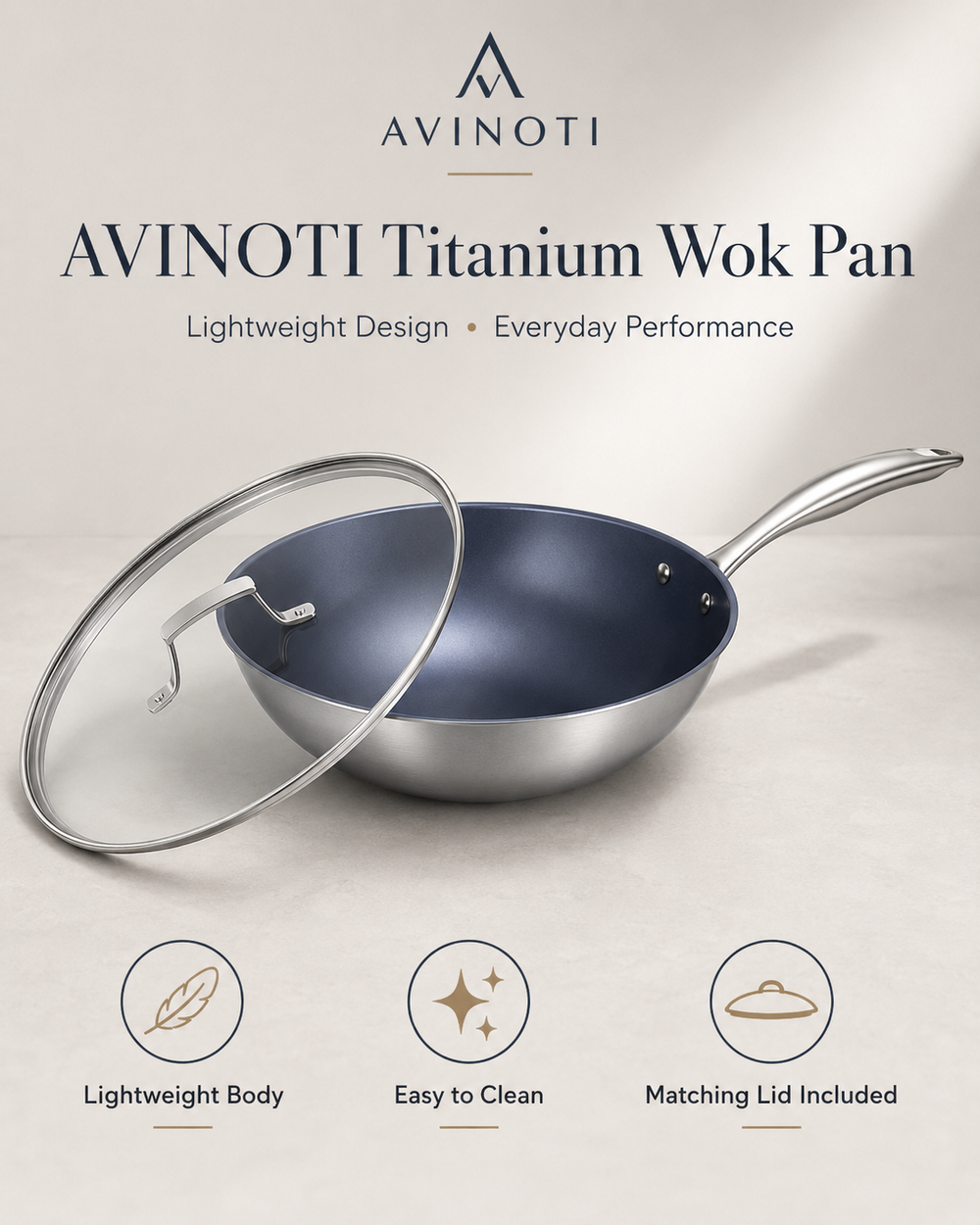 AVINOTI  Titanium Wok Pan with Lid – Lightweight Nonstick Stir Fry Pan
