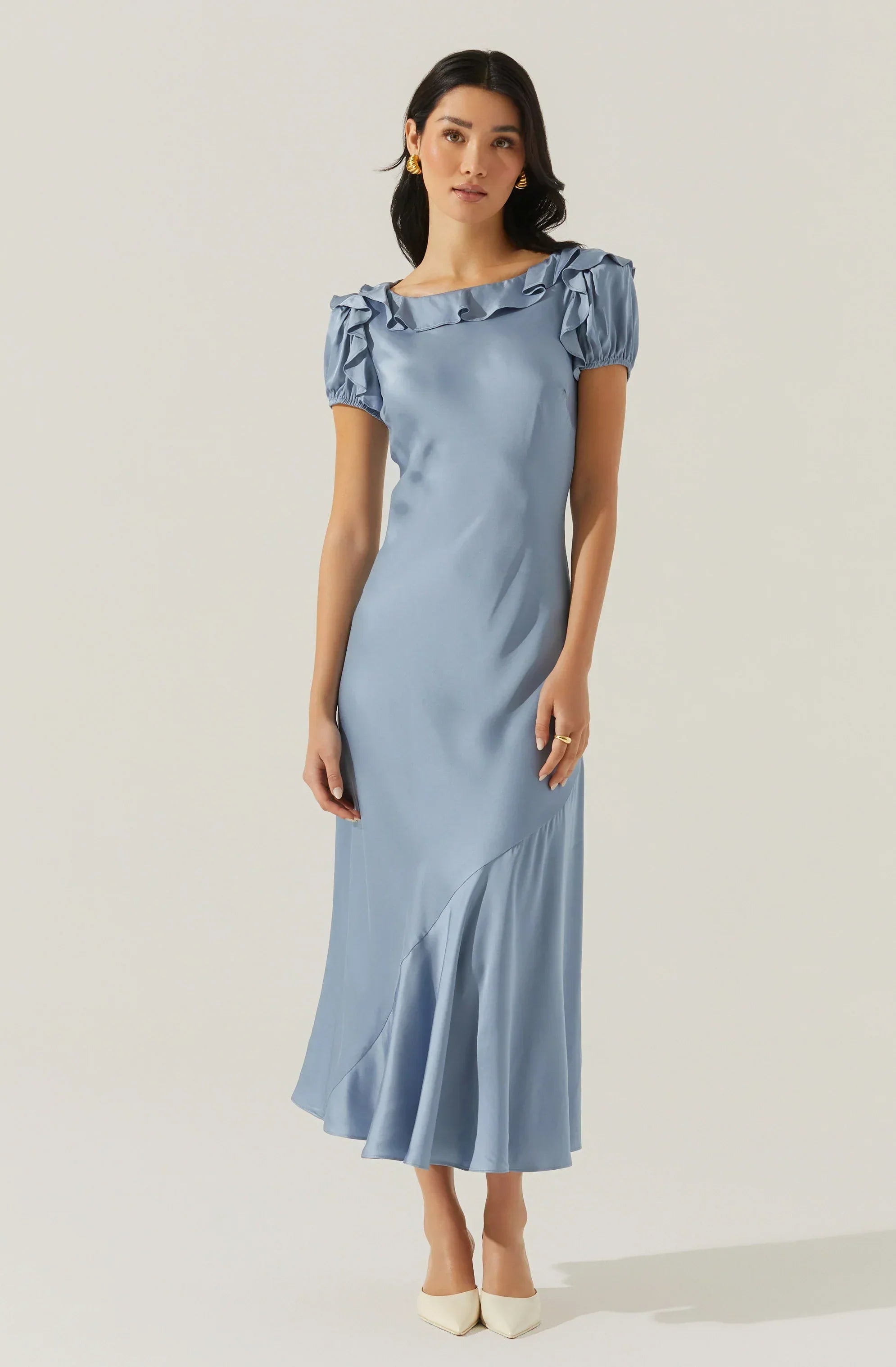 Auden Satin Ruffle Midi Dress