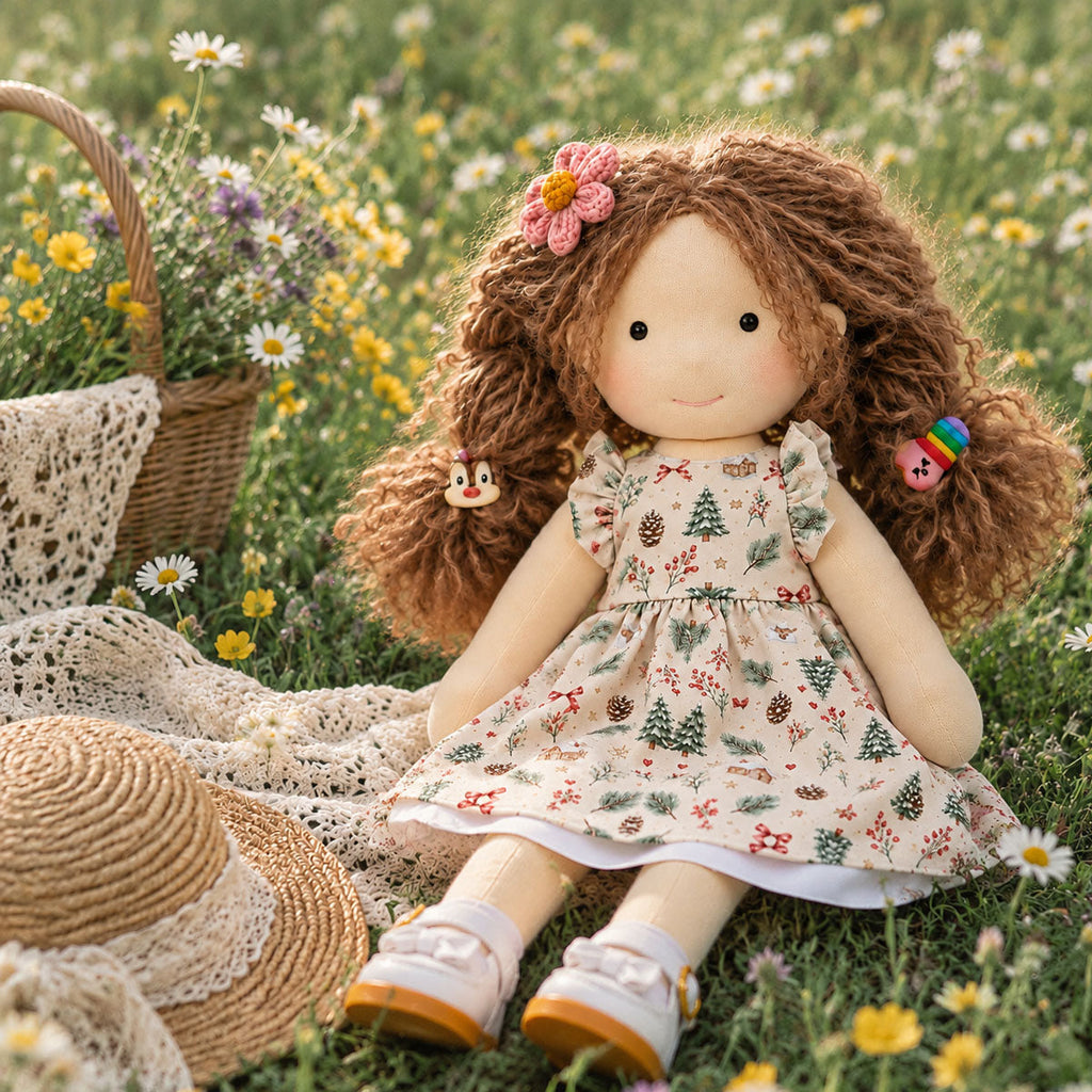 AVINO Handmade Waldorf Doll - Christmas Print Dress with Flower Clip