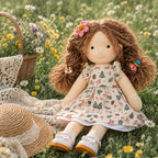 AVINO Handmade Waldorf Doll - Christmas Print Dress with Flower Clip