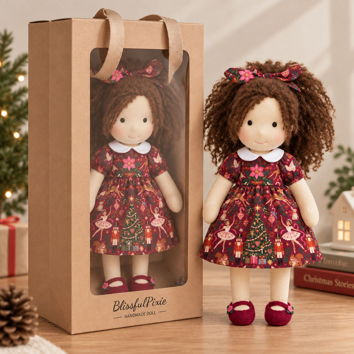 AVINO Handmade Waldorf Doll - Eleanor - Christmas Holiday Dress