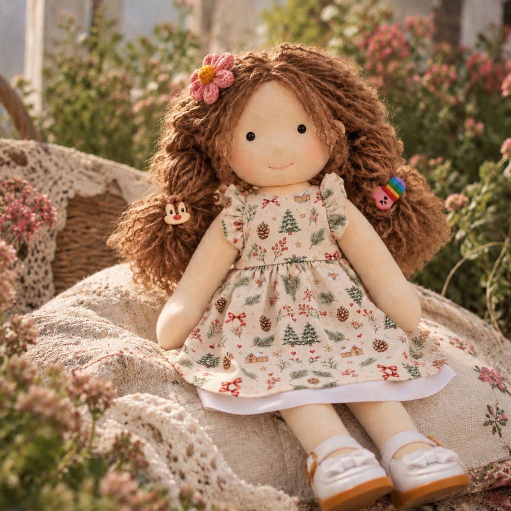 AVINO Handmade Waldorf Doll - Christmas Print Dress with Flower Clip