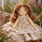 AVINO Handmade Waldorf Doll - Christmas Print Dress with Flower Clip