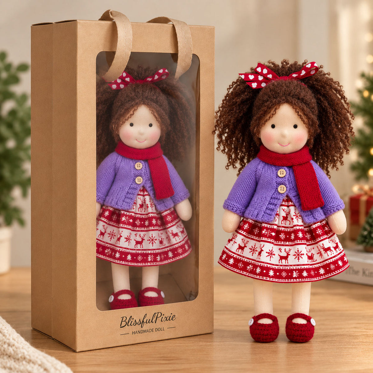 AVINO Handmade Waldorf Doll - Eleanor - Cute Christmas Holiday Dress