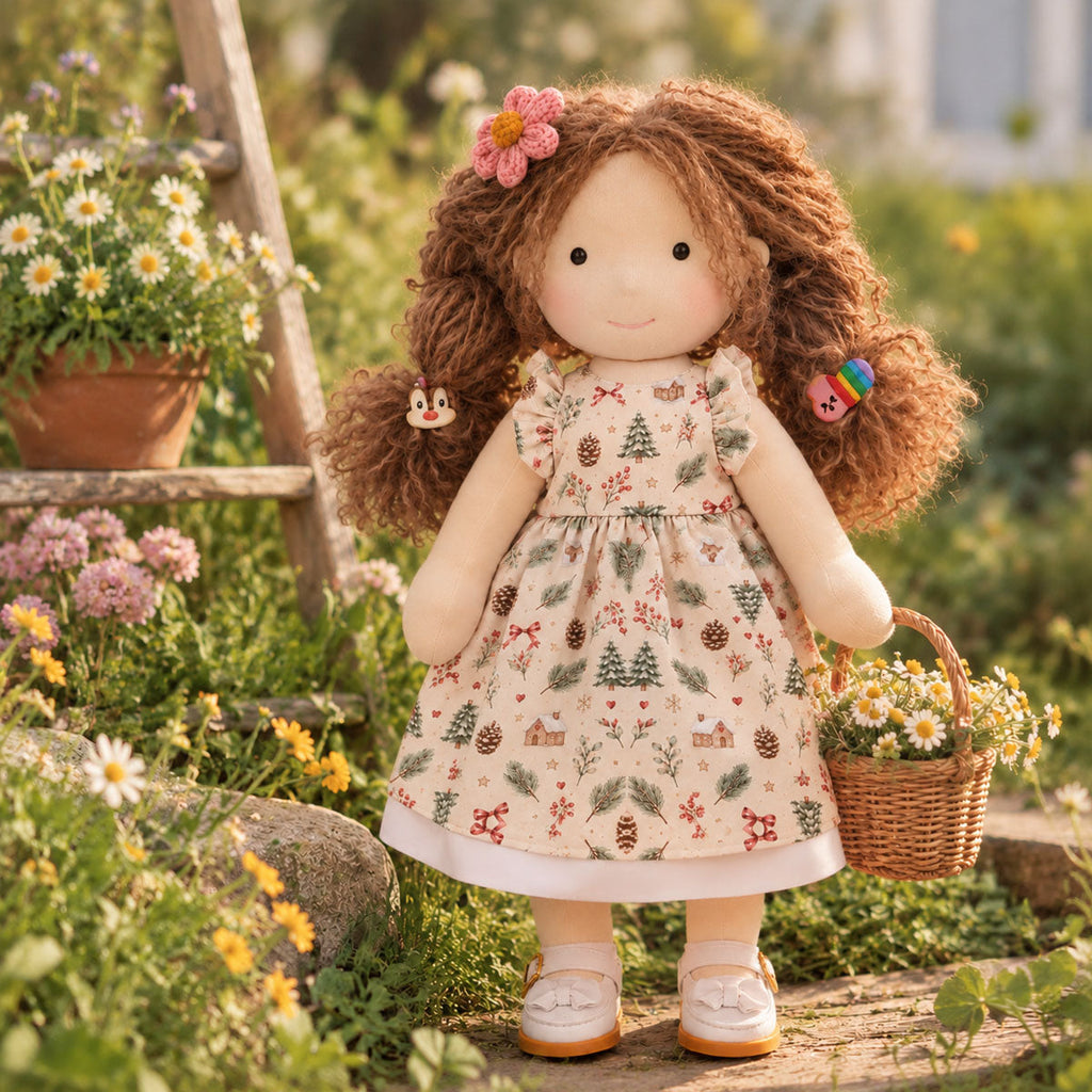 AVINO Handmade Waldorf Doll - Christmas Print Dress with Flower Clip