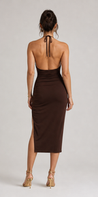 Chocolate Brown Ruched Halter Midi Dress - Brown - view 3