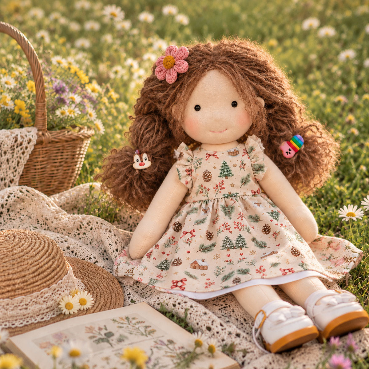 AVINO Handmade Waldorf Doll - Christmas Print Dress with Flower Clip