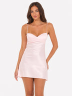Satin Sweetheart Neck Dress in Pink and Green