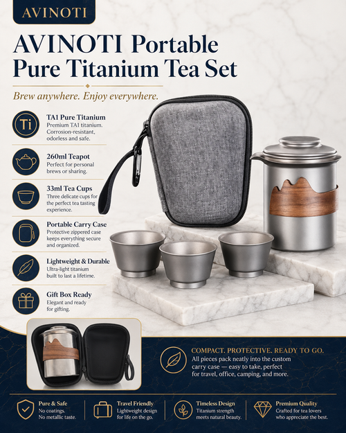 AVINOTI Portable Pure Titanium Tea Set – Titanium Teapot & Tea Cups with Carry Case