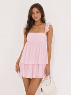 Dotted Chiffon Ruffle Dress in Pink