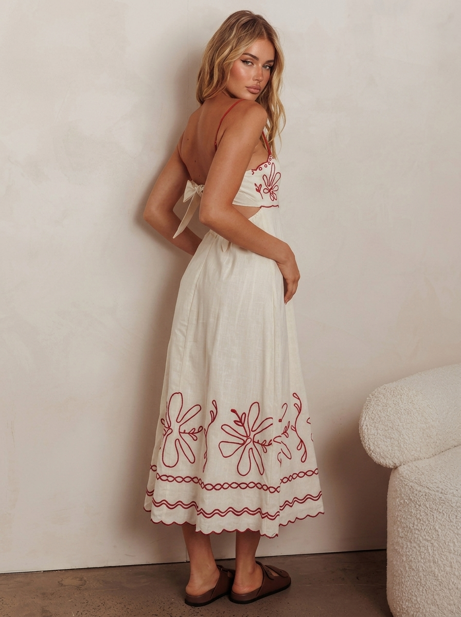 Mondo Scalloped Hem Maxi Dress Embroidered Red