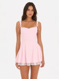 Bow Strap Shimmer Ruffle Dress in Pink