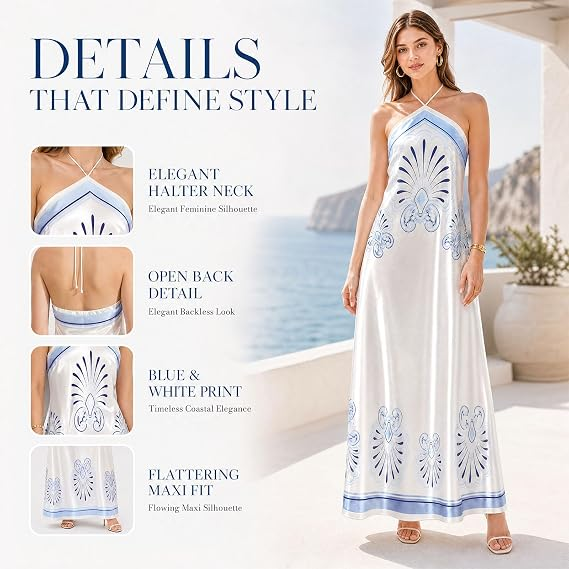 AVINO Cobalt Petal Linen Halter Maxi Dress - image 03