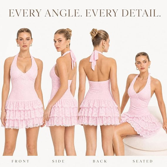 AVINO Blush Ruffle Lace Halter Mini Dress - image 04