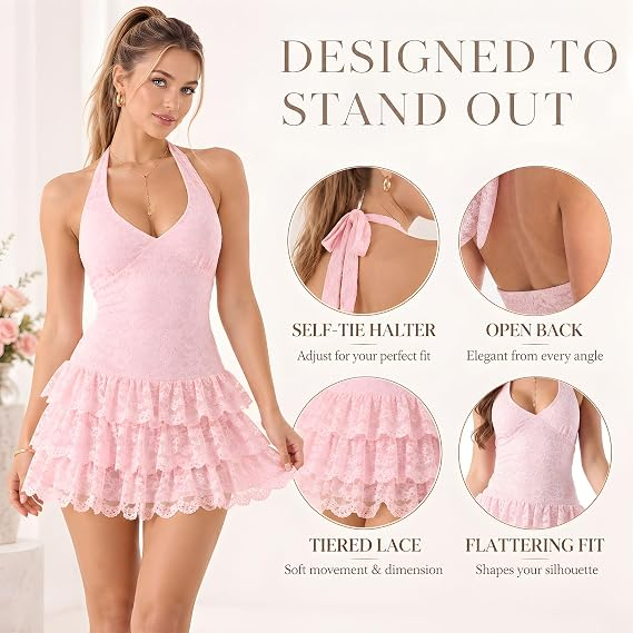 AVINO Blush Ruffle Lace Halter Mini Dress - image 05