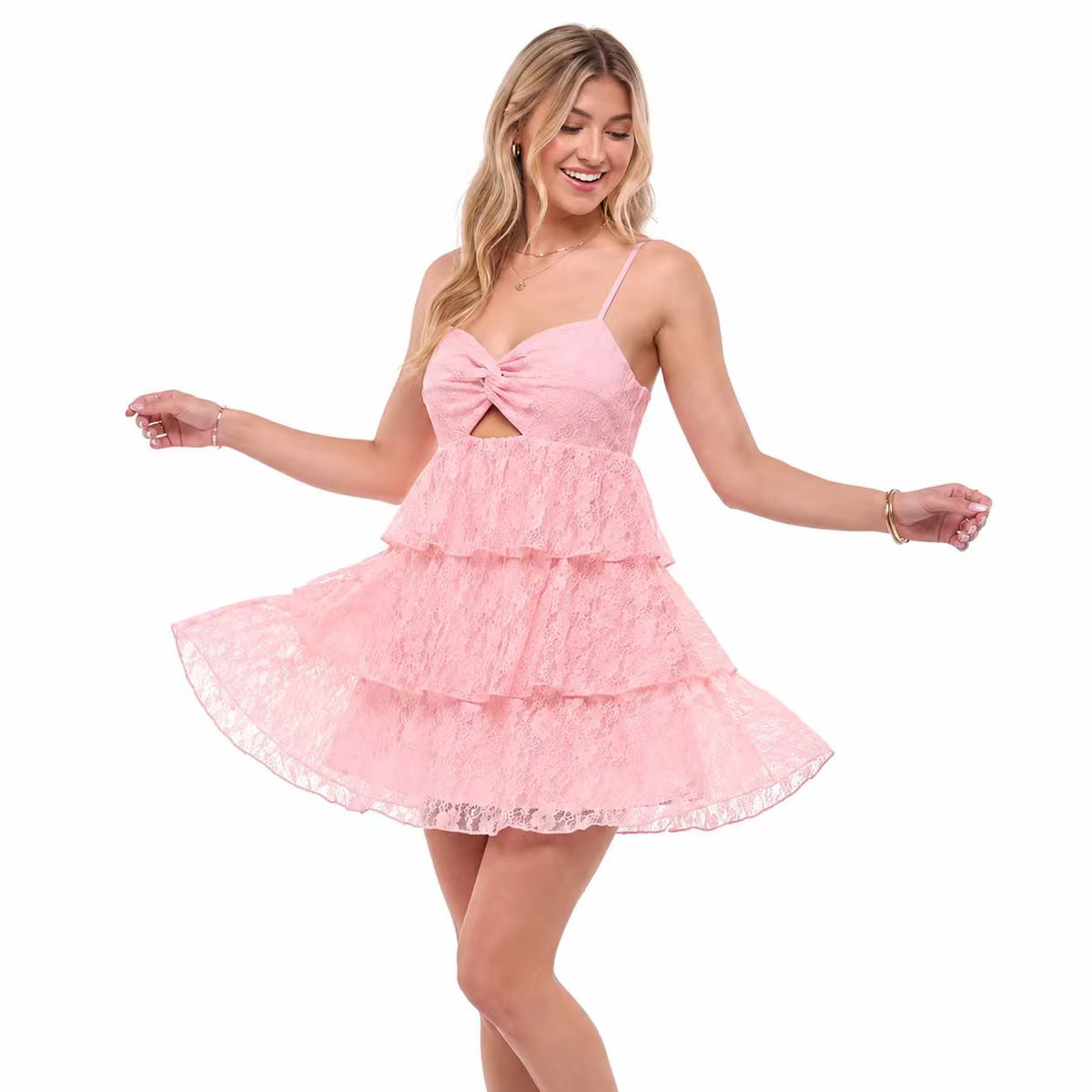 AVINO Rosette Tiered Lace Mini Dress - image 01