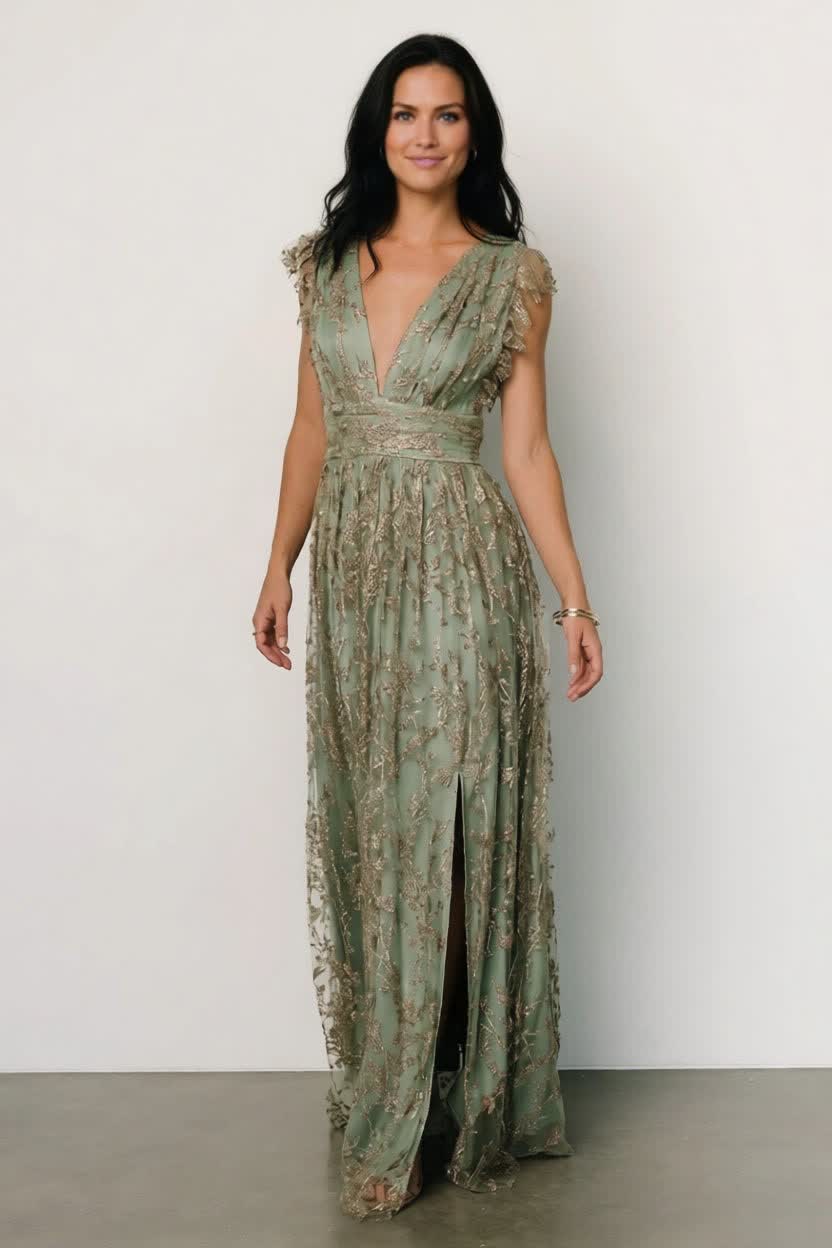 Arlene Shimmer Gown | Sage + Gold