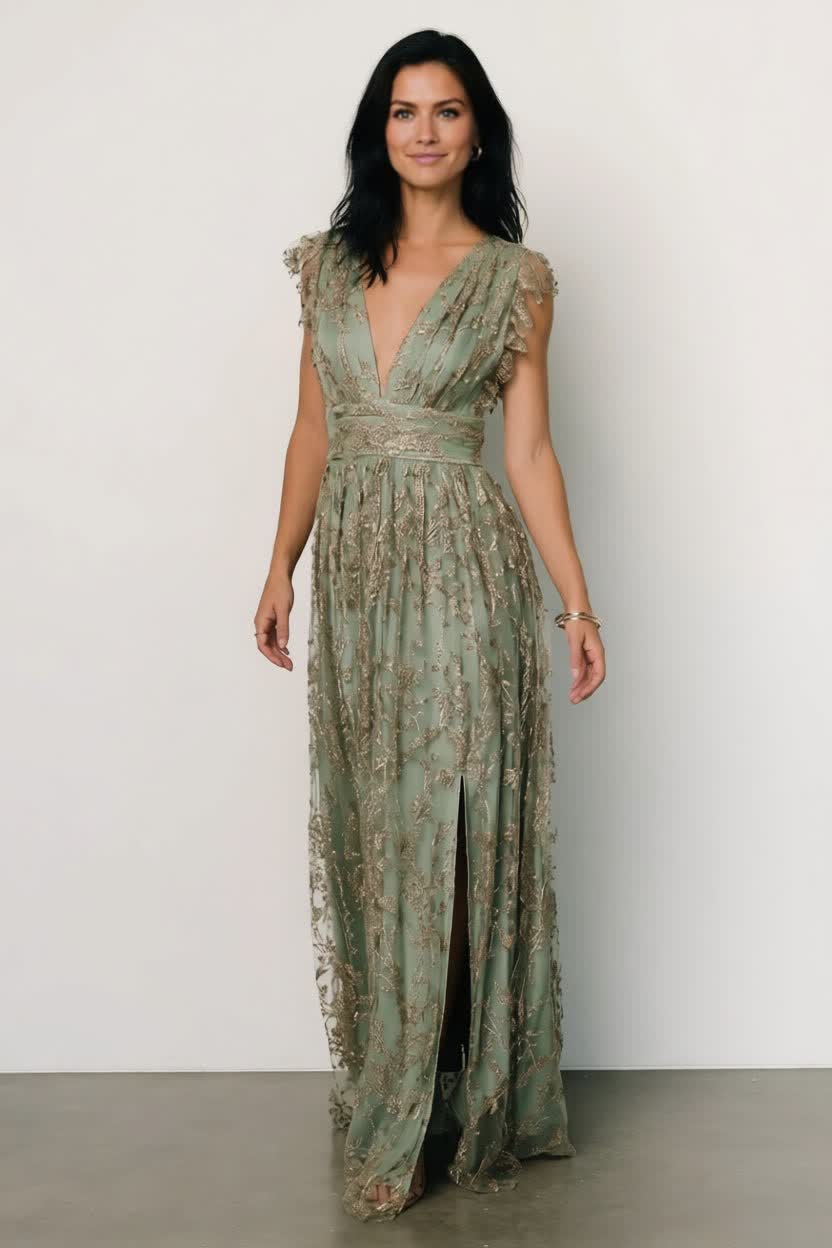 Arlene Shimmer Gown | Sage + Gold