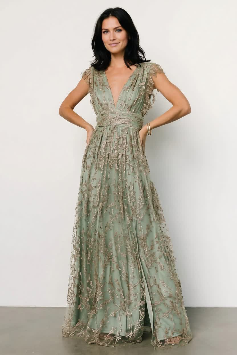 Arlene Shimmer Gown | Sage + Gold