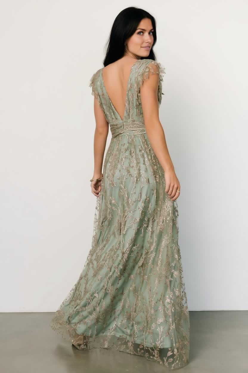 Arlene Shimmer Gown | Sage + Gold