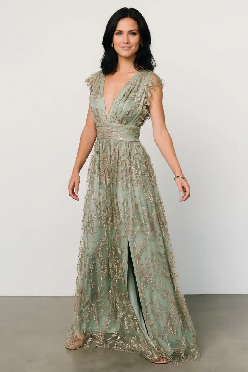 Arlene Shimmer Gown | Sage + Gold