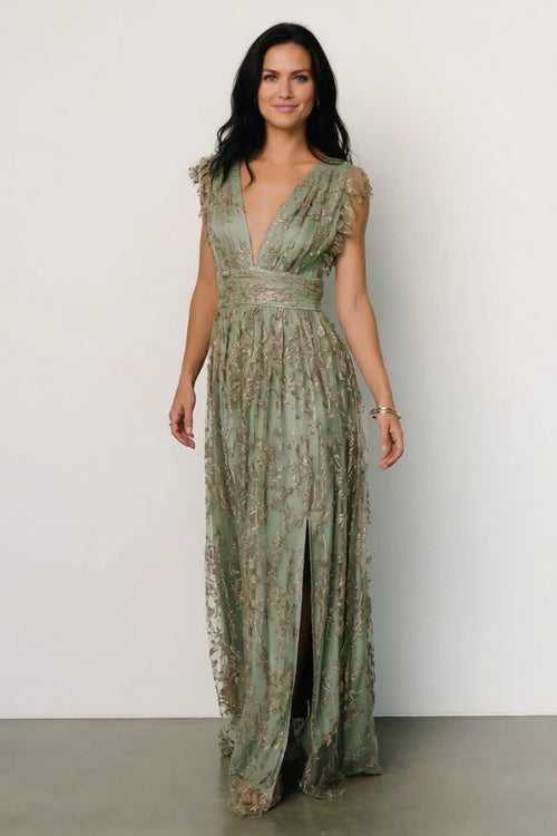 Arlene Shimmer Gown | Sage + Gold