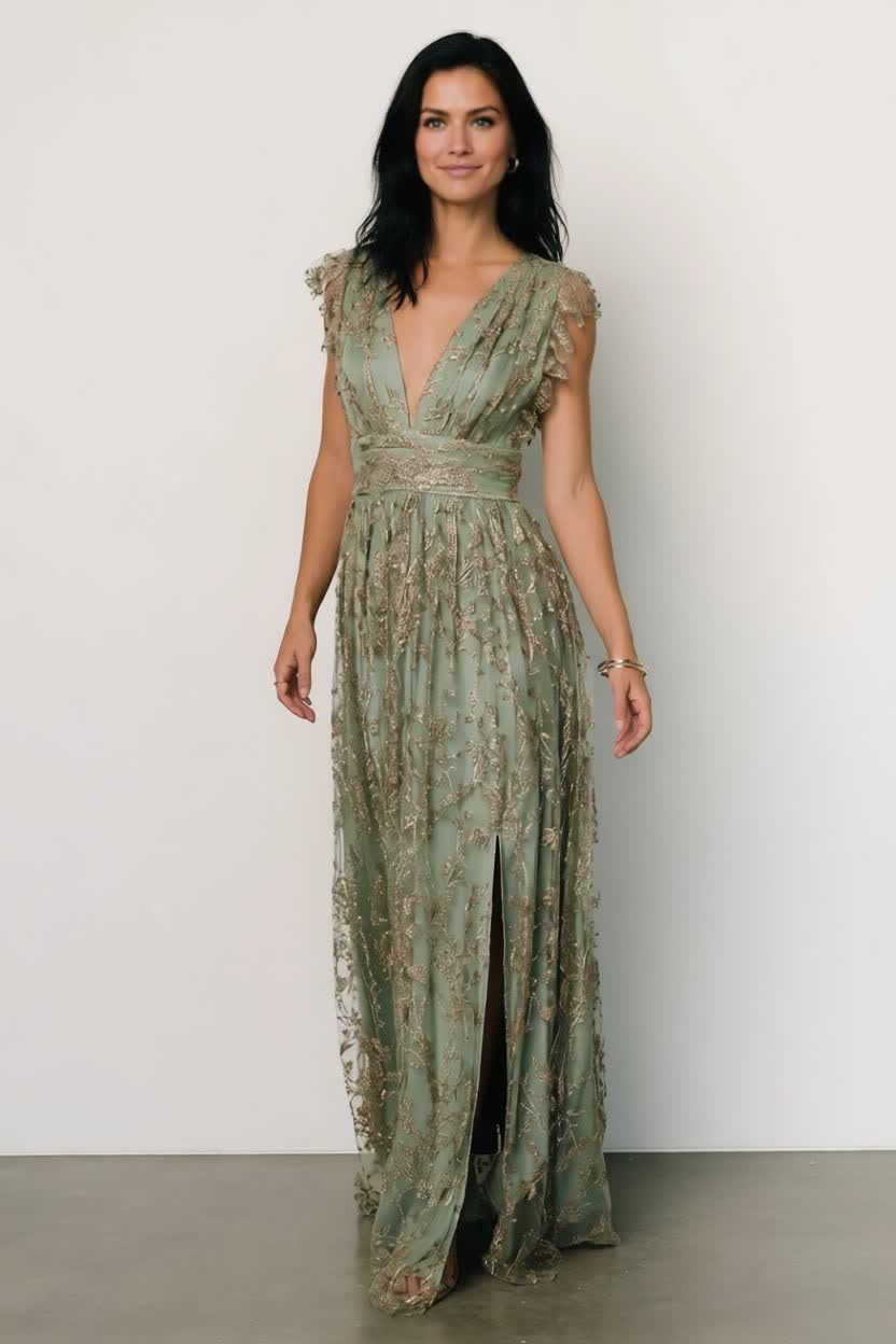 Arlene Shimmer Gown | Sage + Gold
