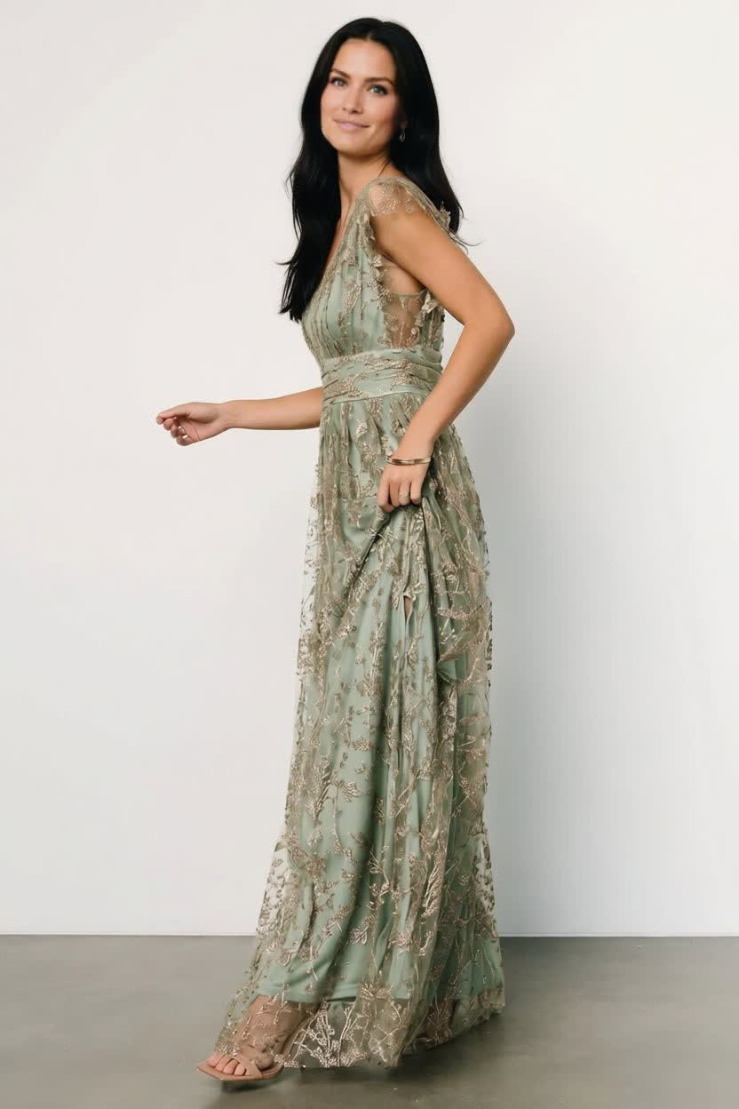 Arlene Shimmer Gown | Sage + Gold