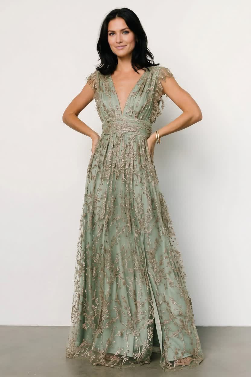 Arlene Shimmer Gown | Sage + Gold