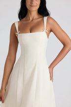 Bow-Detail Pleated A-Line Midi Dress in Ivory