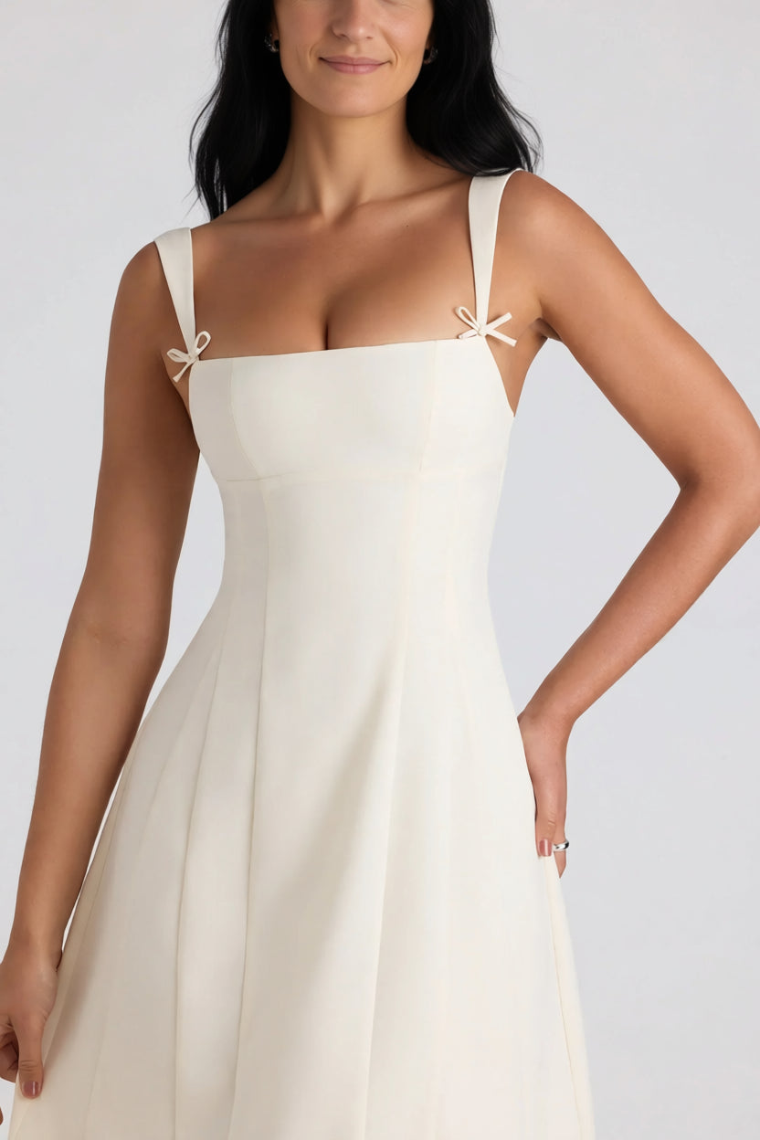 Bow-Detail Pleated A-Line Midi Dress in Ivory